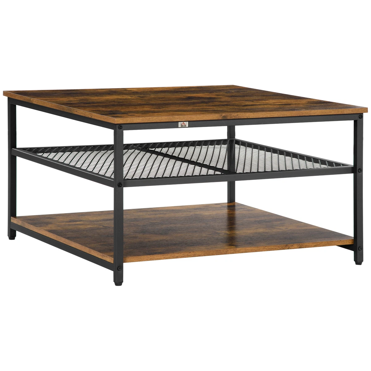 Rustic Brown Industrial Coffee Table with Storage Shelves Cocktail Table