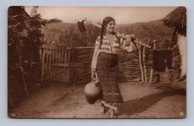 Beautiful Romanian Girl w Axe & Water Container RPPC Bucharest Photo ~1910s