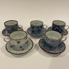 Vintage Set Of 5 Japanese Tea Cups and Saucers Blue White Mint