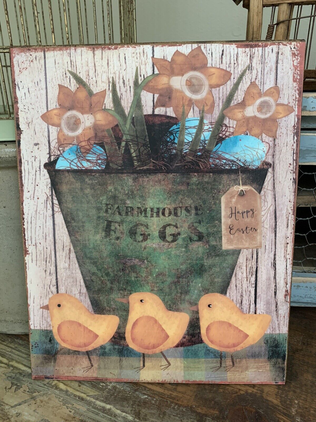 Folk Art Primitive Farmhouse Eggs Happy Easter On 8x10 Canvas