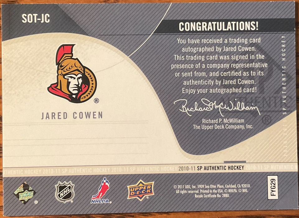 2010-11 SP Authentic Sign Of The Times Jared Cowen #SOT-JC Ottawa Senators - Image 2 of 2