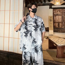 Men Summer Outfit 2-Piece Set Short Sleeve Shirt and Shorts Sweatsuit Set