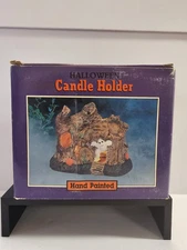 Vtg Hand Painted Porcelain 5.5x6” Haunted House Tea Light Candle Holder w/box