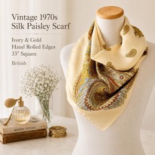 Vintage 1970s Silk Paisley Scarf Ivory Gold Hand Rolled Edges 33  Square British