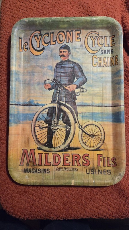 Vintage Le Cyclone Milders Fils Bamboo Tray Sign Bicycle Advertisement 13x19