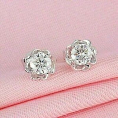 3.00Ct Lab Created Diamond Flower Stud Earrings Push Back 14K White Gold Finish