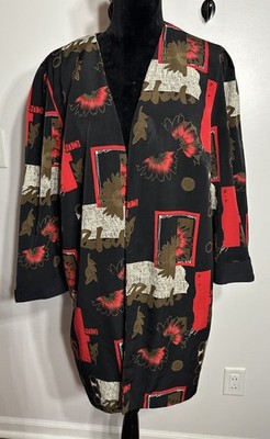 Vintage 80s Kari's Korner Black Red Mixed Print Long Jacket Blazer Plus Size 20