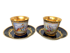 Antique French Dated 1840 Signed Hand Painted Sevres Set of Two Cups  Saucers.