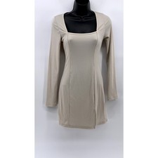 SHEIN Women's Beige Ribbed Square-Neck Slit Bodycon Dress SZ S