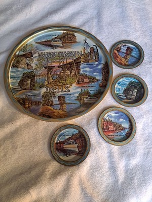 Wisconsin Dells Souvenir Tray Set Collectible 1960s Graphics Tray 4 Coaster