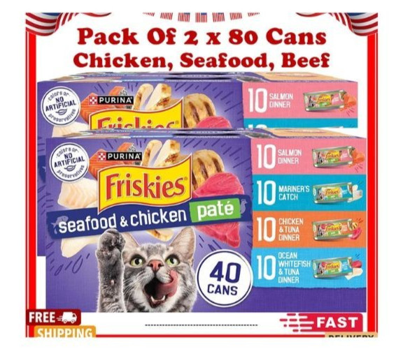 Purina Friskies Pate Wet Cat Food Variety Pack 40ct 5.5oz Seafood Chicken VP 2pk