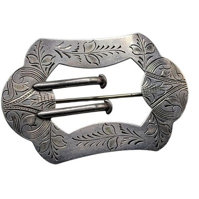 Antique Ralph Rings Sterling Silver Hand Engraved Belt Buckle Brooch R.R. Signed
