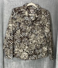 Chico  s Jacket Size 2 Brown Animal Floral Print Button Front Stretch Blazer