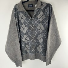VTG Lorenzo Men Sweater Large Brown Argyle Wool Blend Academia Italy 1/4 Zip Y2K