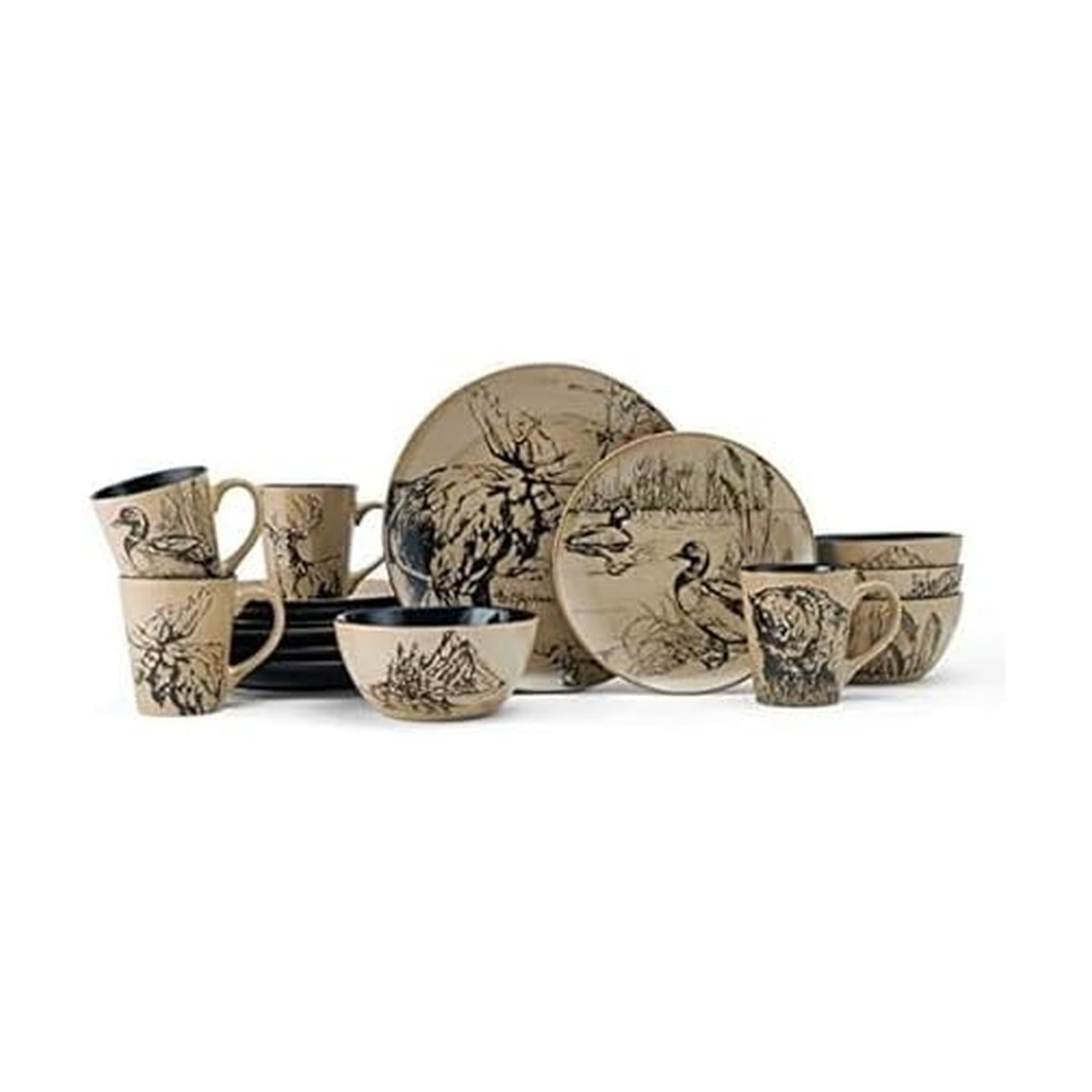 Animal Print 16 Piece Dinnerware Set, Service for 4, Black a