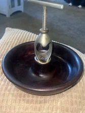 Vintage Wooden Nut Bowl With Attached Metal Cracker Felt Bottom 8.5” Diameter