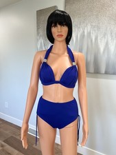 VENUS Women  s Blue Solid 2-Piece Halter C Cup Bikini High-Waist 6 Rhinestone