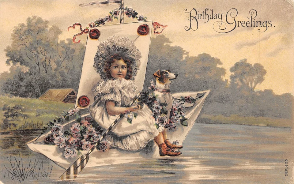 CPA FANTAISIE / FILLETTE AVEC UN CHIEN SUR UN LAC / CPA EN RELIEF - Photo 1/1