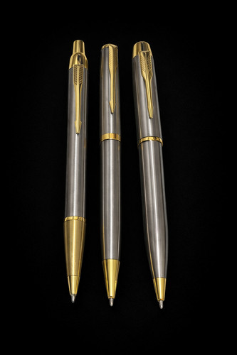 3pc Parker Style Silver Ballpoint Pen Set - Steel Body - Fine Nib - Black Ink