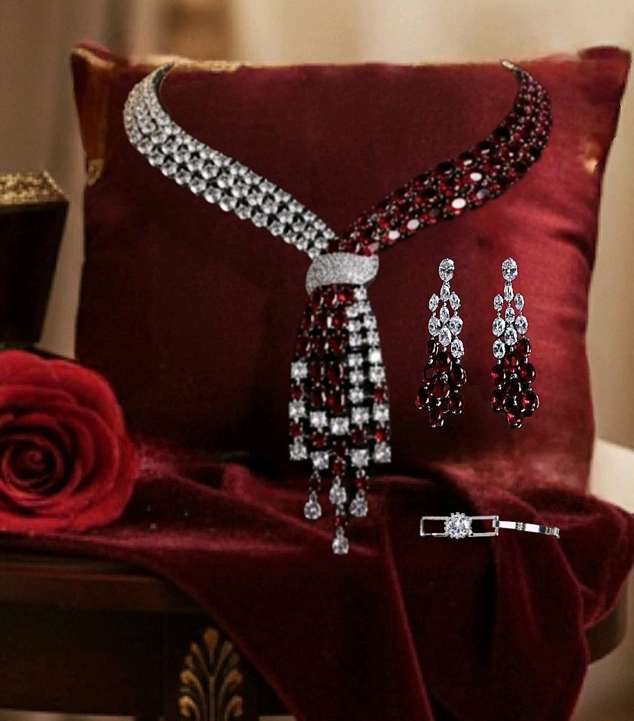 18k White Gold Victorian Heiress Jewelry Set Simulated Ruby/Diamond Crystal