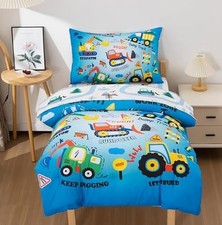 4 Pieces Construction Truck Toddler Bedding Set for Baby Boys, Cartoon Vehicl...
