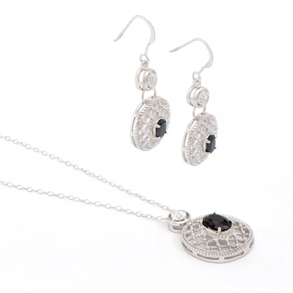 Conjunto de diseñador AAA de diamantes y zafiros negros oro blanco rodio sobre plata de ley Foto 2 de 2