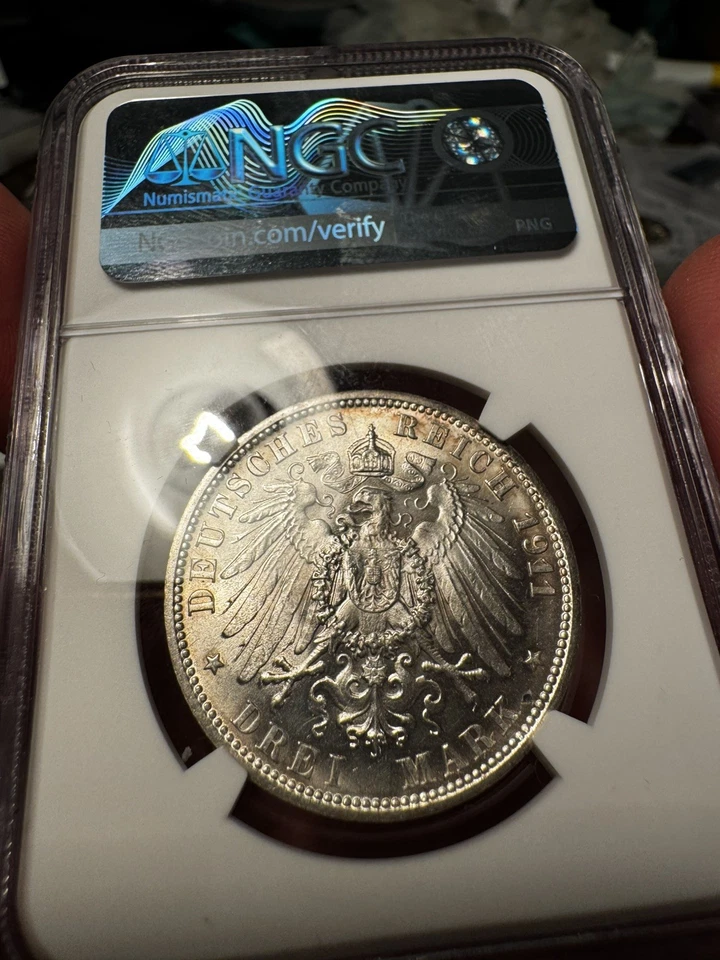 Germany 1911-F Silver 3 Mark Württemberg Wedding NGC MS66 - Image 3 of 3
