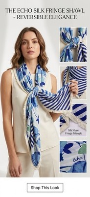NWT Women s Echo Silk Shawl Blue Flowers Reversible Fringe Triangle T7