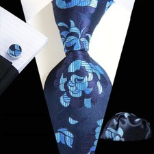 New Classic Floral Blue Jacquard Silk Men's Tie Necktie Hanky Cufflink Set