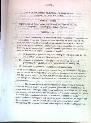 The role of organic materials in heavy metal problems of soil and water; Davies,