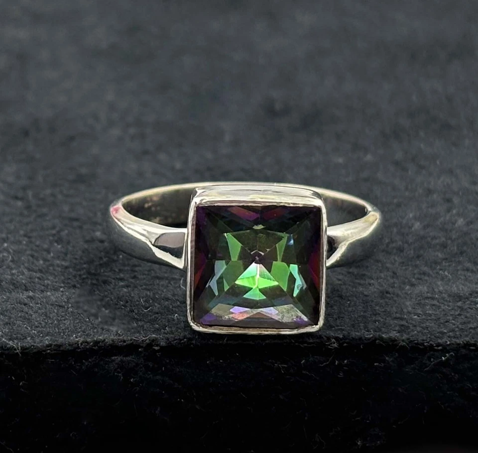 Juego de pendientes de anillo hechos a mano de plata esterlina maciza 925 con topacio arco iris KJ-726 Foto 2 de 4