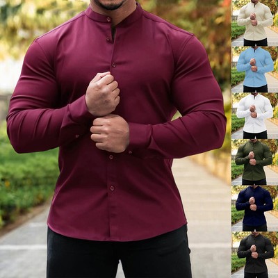 Herren Stehkragen Langarm Hemdbluse Slim Muskelshirt Freizeit Hemd Langarmshirt