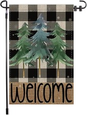 Christmas Trees Welcome Winter Garden Flag 12x18 in. Double Sided Burlap Banner