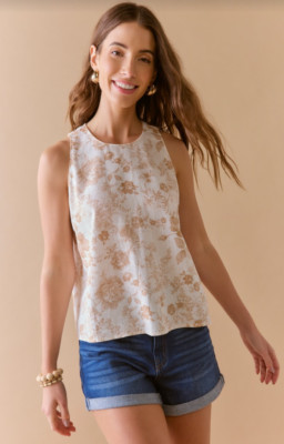 Francesca's Rebeccah Linen Top Sz XL Tan & White Floral Botanical Lightweight