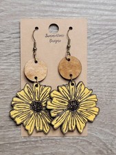 Hand Painted Laser Cut Wood Earrings Yellow Sunflower 2"