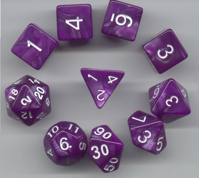 NEW RPG Dice 10pc - Pearl Purple w/white - 1 @ D4 D8 D10 D12 D20 D00-10 & 4 D6