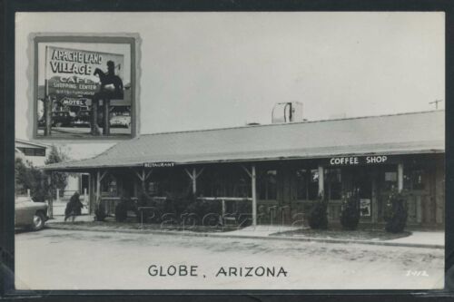 AZ Globe RPPC 1940's APACHE LAND VILLAGE Shopping Center COFFEE SHOP Restaurant  - Afbeelding 1 van 1
