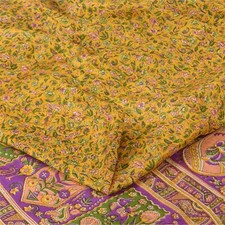 Sanskriti Vintage Sarees Yellow 100 Pure Silk Printed Sari 5 Yd Craft Fabric