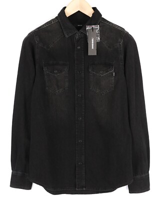 Diesel New-Sonora HERREN HEMD S UVP 120 Western Gewaschen Schwarz Knöpfe Taschen