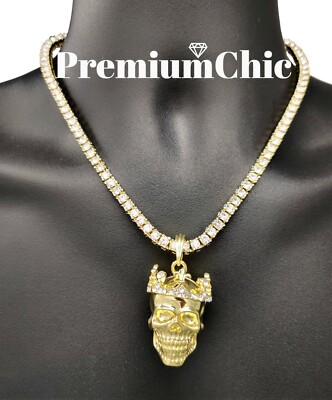 Skull King Pendant Necklace Rope or Tennis Chain Plated CZ