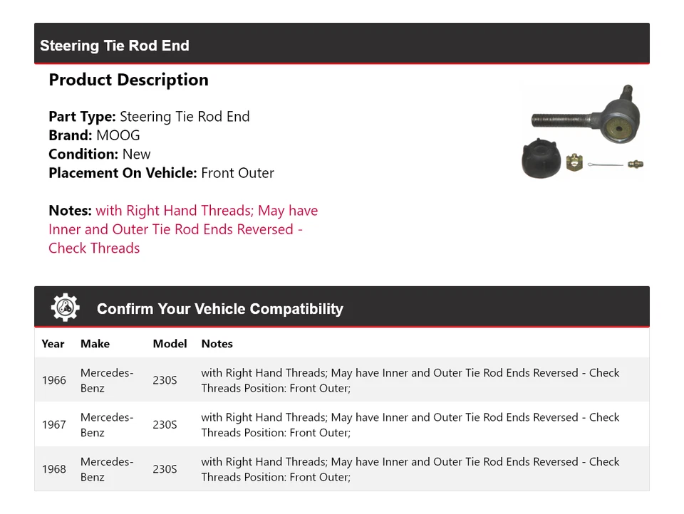 Extremo de barra de dirección exterior delantero MOOG 1966 1967 para Mercedes-Benz 230S 1966-1968 Foto 2 de 4
