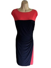 NEW $95 Chaps stretch sheath dress 2-tone navy/coral trim+side pleat boat knee M