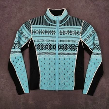 Obermeyer Ski Sweater Womens Medium Blue Black Nordic Fair Isle Zip Wool Blend