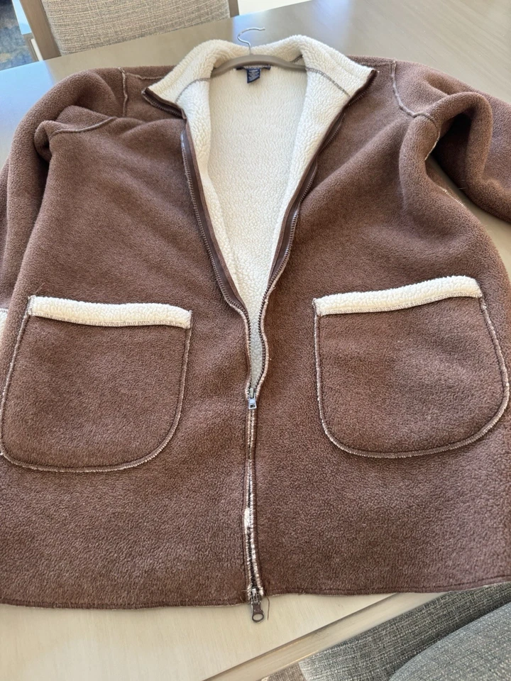 Chaqueta Abrigo Denim & Co Polar Marrón y Crema Cremallera Sherpa Mujer’s Grande De Gran Tamaño Foto 4 de 4
