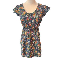 Tucker for Target Navy Blue Floral Mini Dress XS Cap Sleeve Button Front Boho