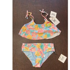 NWT Hurley Girls 2PC Bikini Swimsuit Set Blue Ice Floral UPF 50 Size 6X Beach