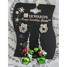 New Green Jingle Bell Pierced Dangle Earrings Christmas Wreath Post Earrings Set