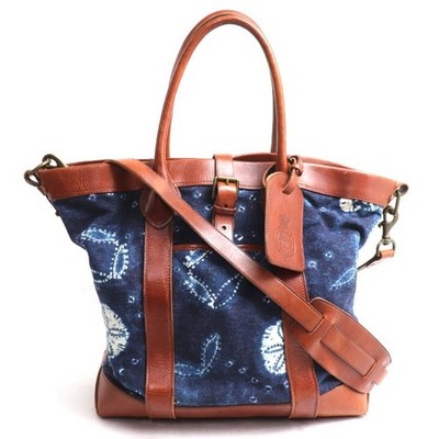 Ralph Lauren 2-Way Tote bag Blue Brown Cotton canvas Leather Shoulder bag