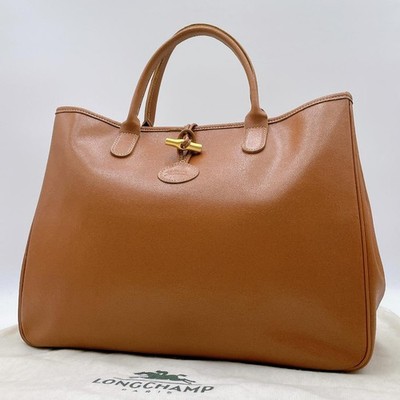 Longchamp Rozo Genuine Leather Camel A4 Handbag Tote Top Handle h45 Gold Auth