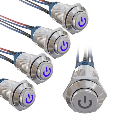 5PCS 12mm Latching LED Push Button Switch Mini Round Silver Shell with Pre-Wi...